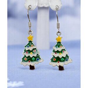 Christmas Tree Dangle Earrings Silver Tone with Glitter Accents Holiday Festive